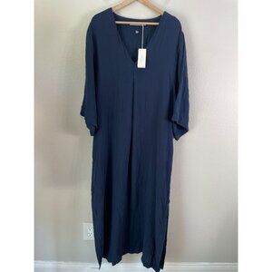 NEW Ocean+Main Womens Plus 2X Maxi Dress Navy Gauzy Pockets Kaftan Lagenlook